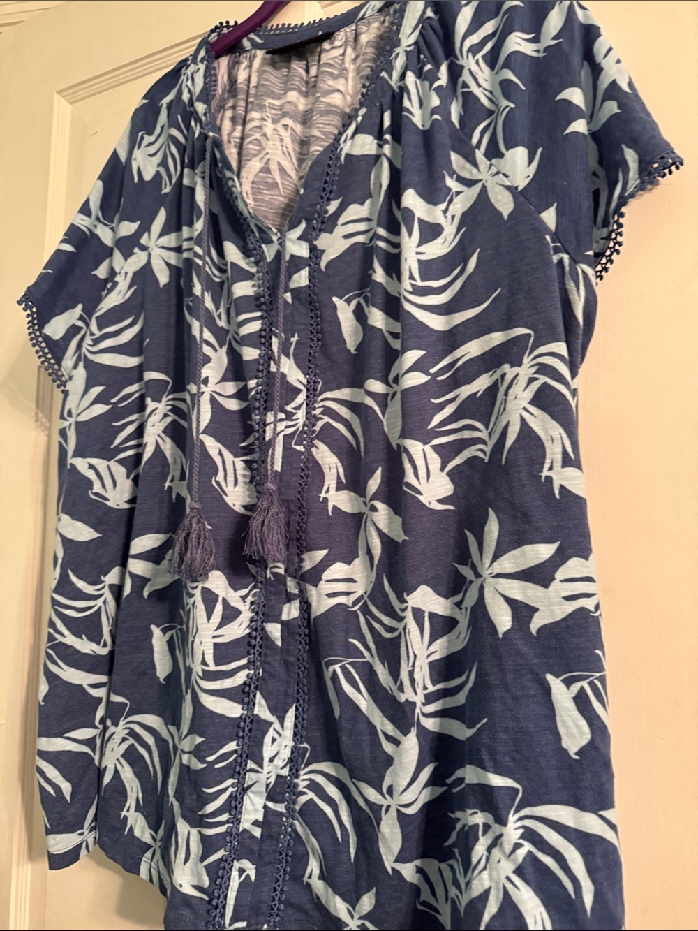 Lane Bryant Blue Floral Tassel Tie peasant top
